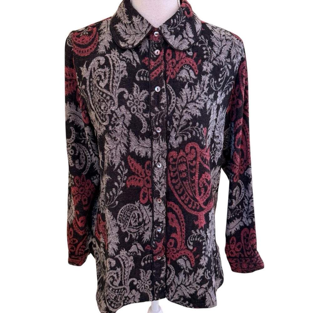 Soft Surroundings Burgundy/Black/Grey Paisley Soft Knit Button-Up Shirt S